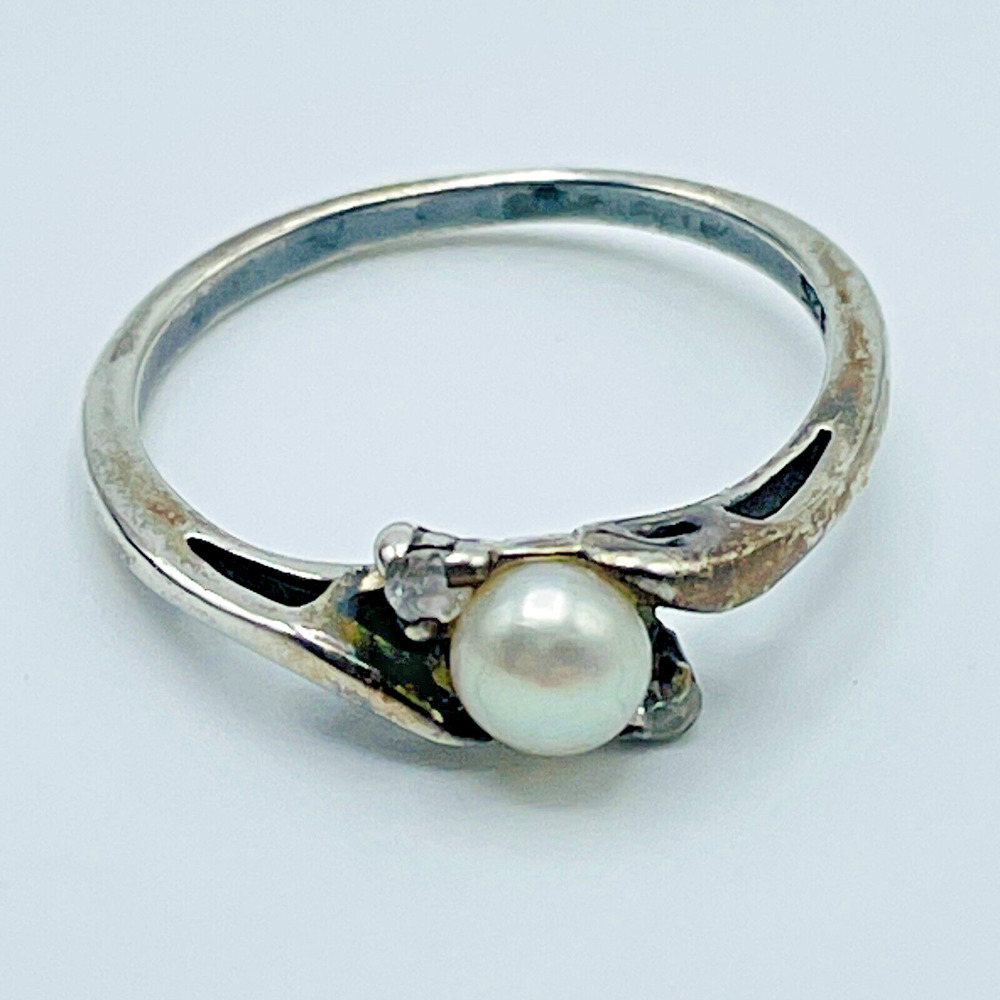 Shube Sz 7 Pearl Solitaire & CZ Ring .925 Sterling Silver 1.7mm Band New Mexico